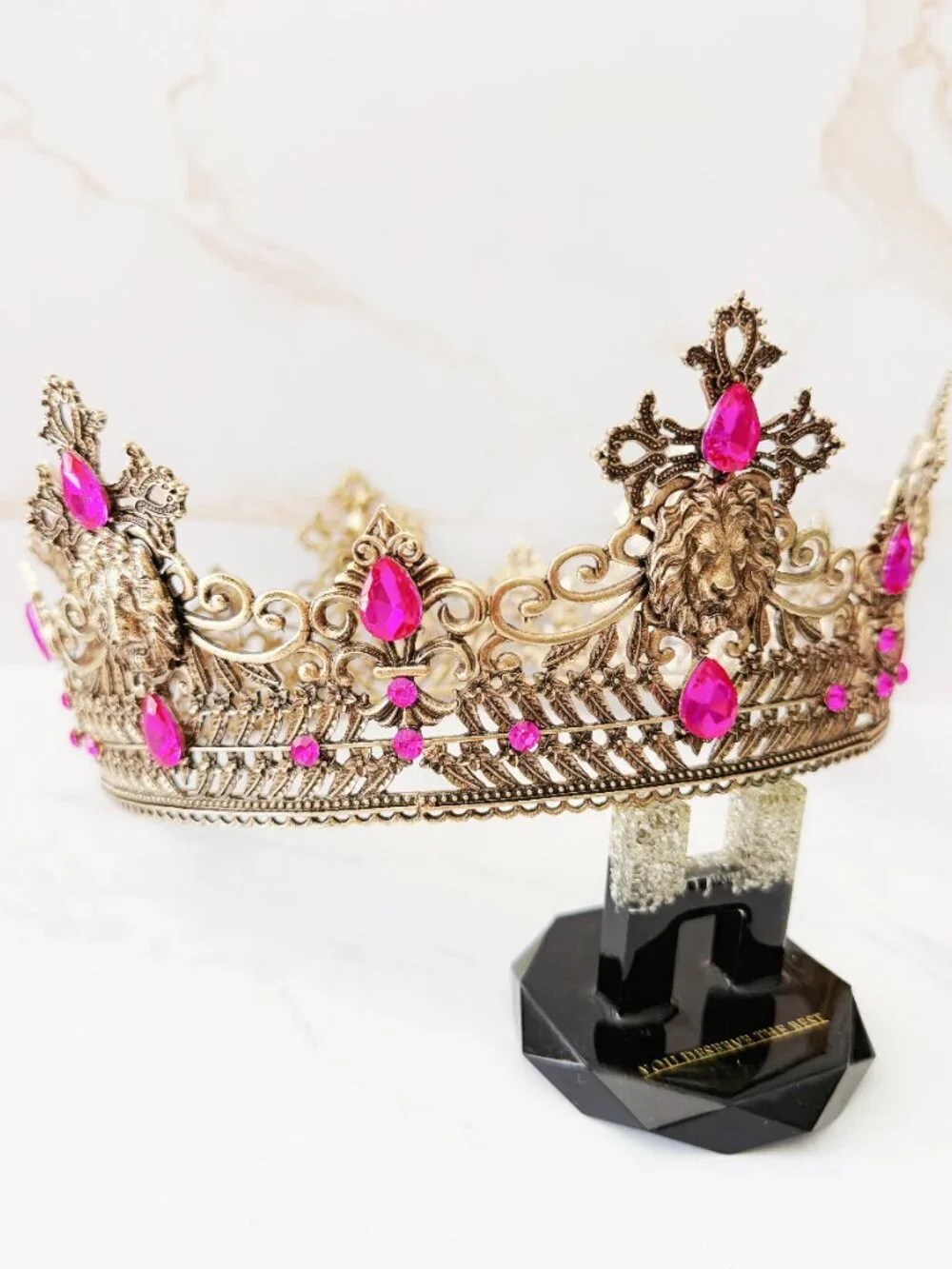 Vintage Style Gold Lion Crown with Hot Pink Crystals, Royal King Queen Headpiece